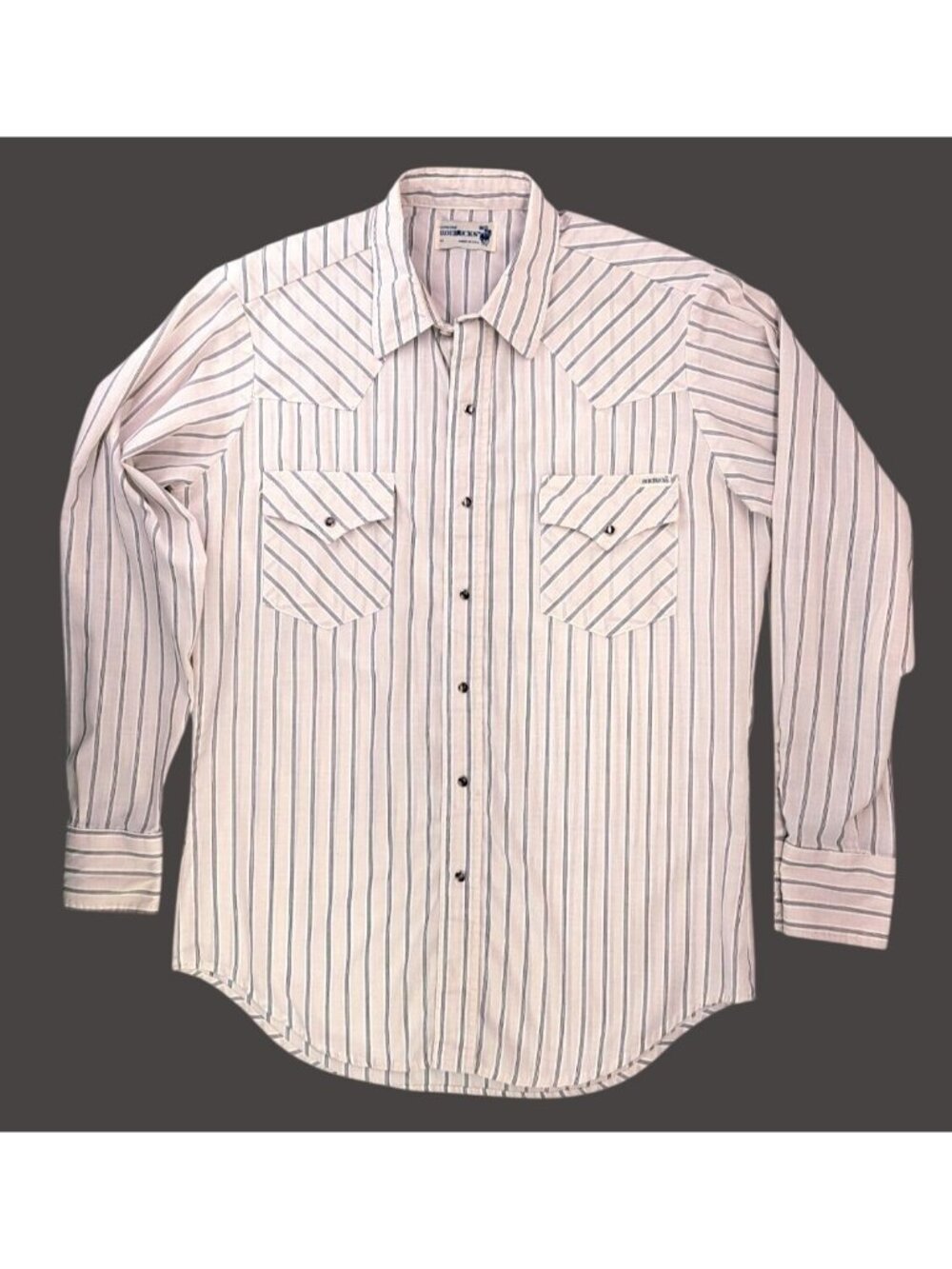 Vintage Genuine Roebucks Western Pearl Snap Striped Shirt Cream Brown Men Medium